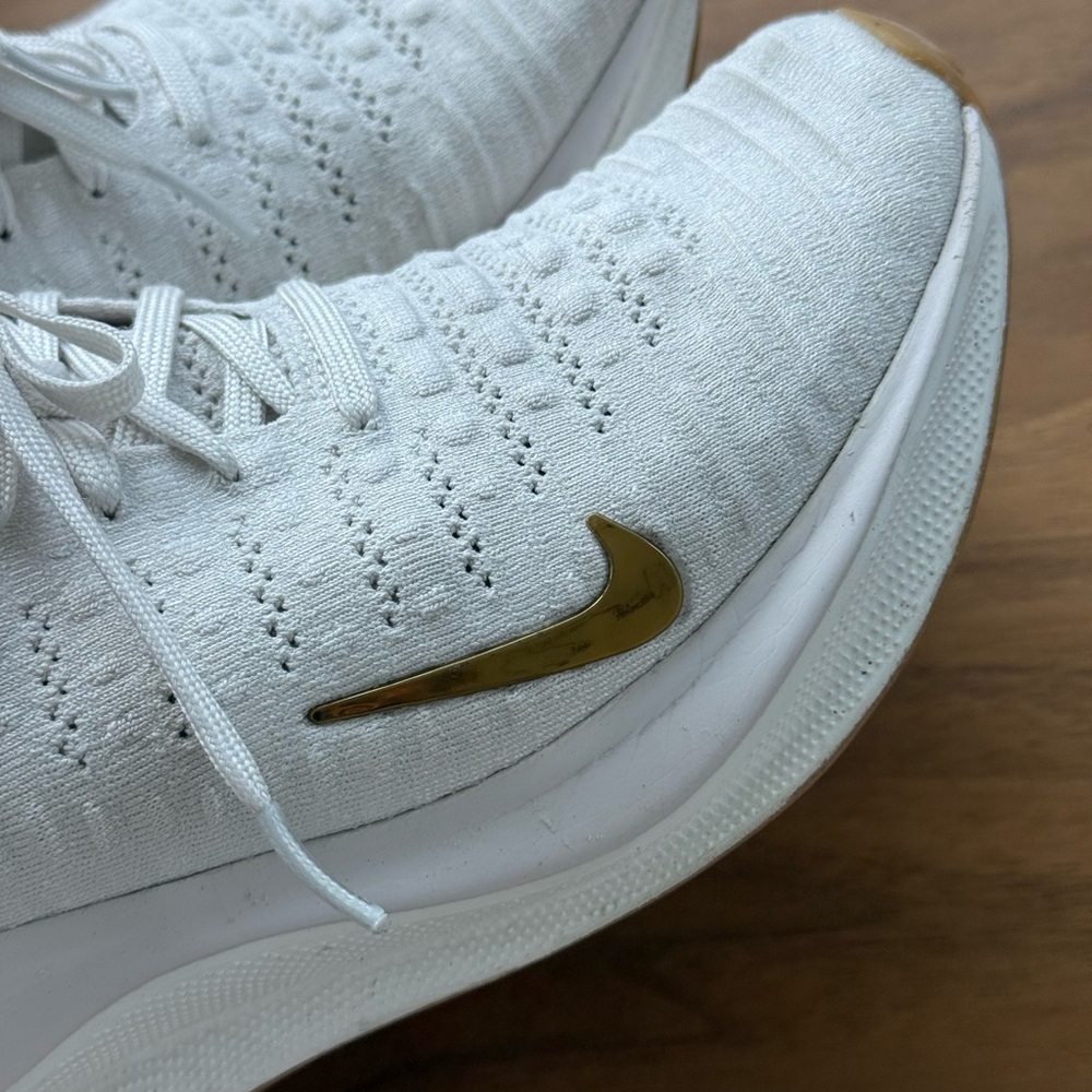 Nike White Women's Flyknit Running Shoes with Gold Swoosh - Picture 7 of 10